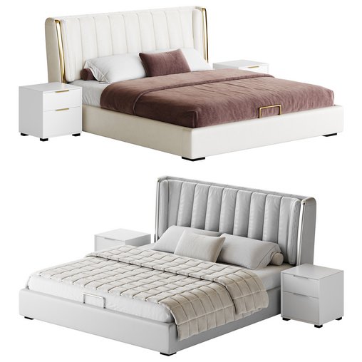 Beige Upholstered Wingback Modern bed I 3d model Download Maxve