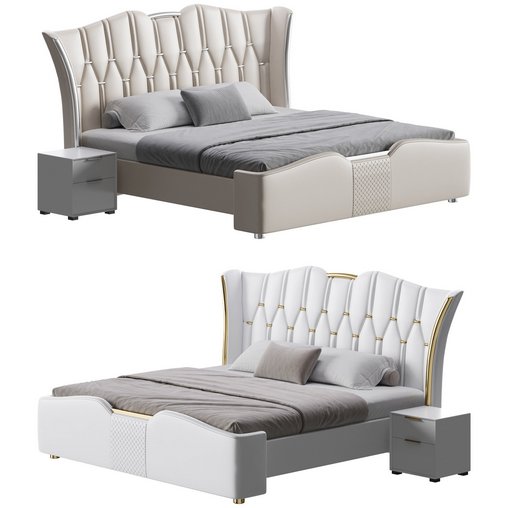 Modern Off-White Upholstered Tufted King Bed 3d model Download Maxve