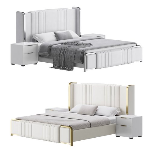 Glamorous White Upholstered Wingback Bed I 3d model Download Maxve