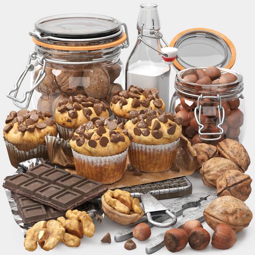 chocolate muffins and nuts set 3d model Download Maxve